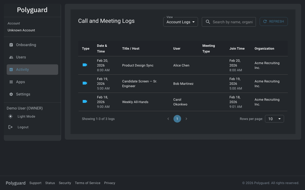Activity log in the Polyguard Console