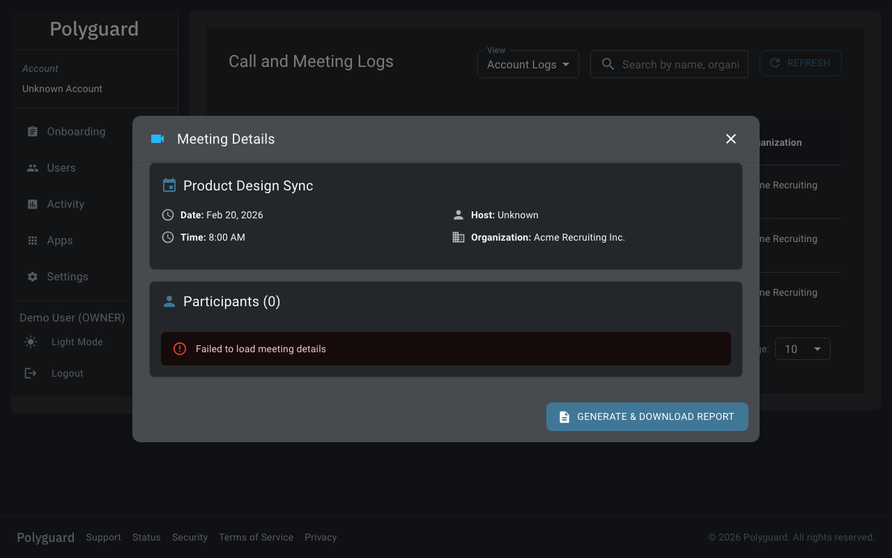 Download report button on meeting detail page