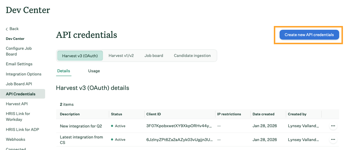 API Credentials पृष्ठ जिसमें Create new API credentials बटन हाइलाइट किया गया है