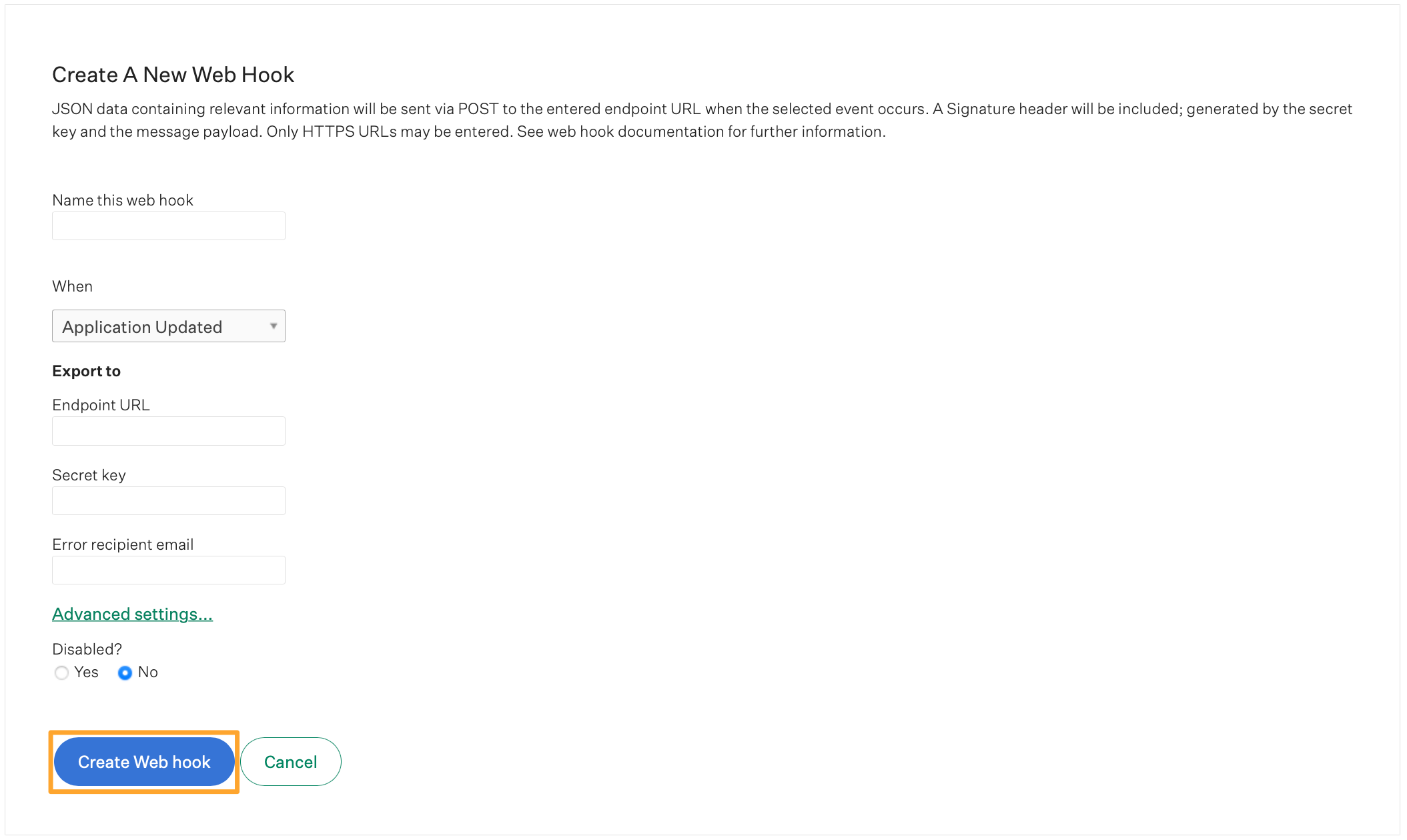 Create A New Web Hook फ़ॉर्म
