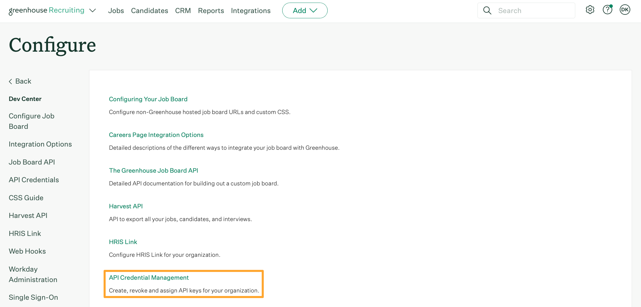 Dev Center जिसमें API Credential Management हाइलाइट किया गया है