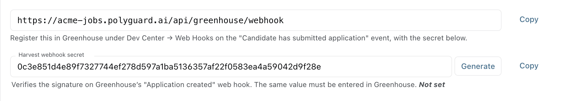 Web hook URL and secret