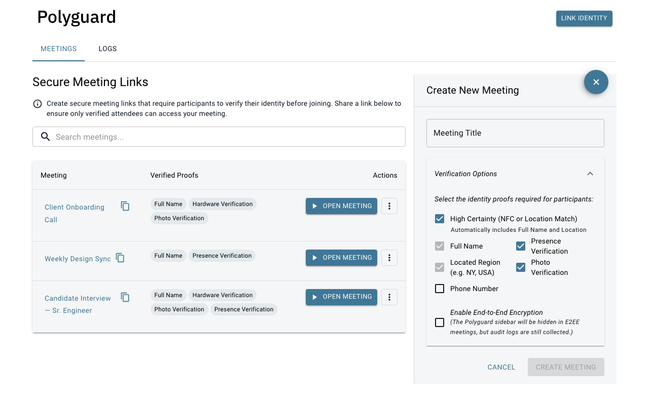 Zoom meeting creation with Polyguard